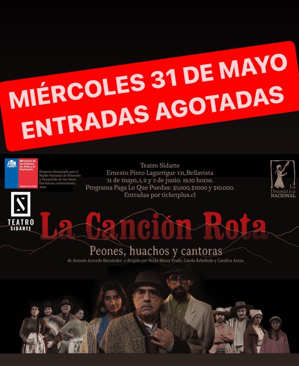 La Canción Rota, en <a href="/TeatroSidarte/">Teatro Sidarte</a> 
Entradas para jueves 1, viernes 2 y sábado 3 de junio - 19:30 hrs
solo por <a href="/ticketpluscl/">Ticketplus Chile</a> 

ticketplus.cl/events/la-canc…