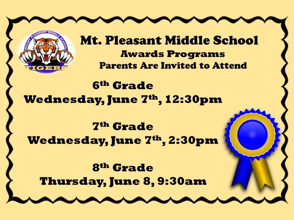 Times for 6th &amp; 7th grade awards were incorrect on previous tweet. These are the correct times.