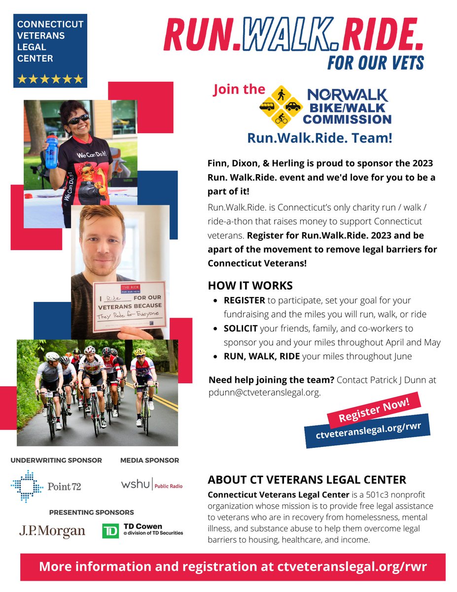 NorwalkBikeWalk's tweet photo. @CTVeteransLegal We're excited to join the @CTVeteransLegal ride and kickoff celebration THIS Saturday 6/3 at 10am on the Norwalk Green! We encourage you to learn more about the organization and join our team here https://t.co/Z1lrjXgHxn 

#RWR2023 #TheRide #RunWalkRid #norwalkbikewalk https://t.co/lCIZMhjFfd