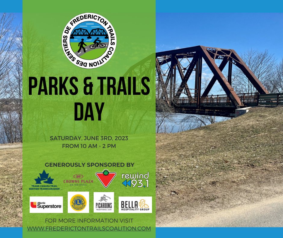 🎉🎉Parks & Trails day is this Saturday, June 3rd from 10 - 2! Join us for a fun-filled day of events - check out our website for details: frederictontrailscoalition.com/parks-trails-d…