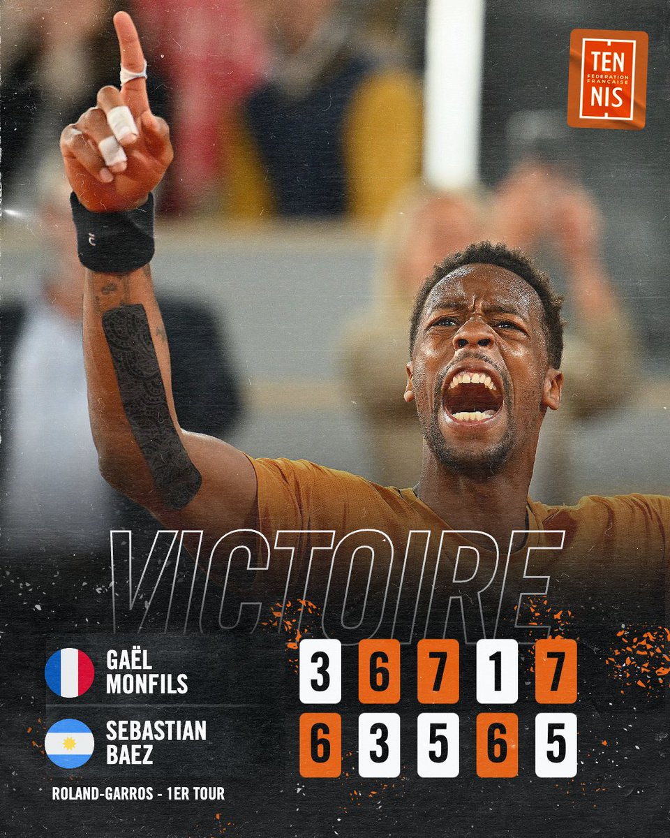 FFTennis's tweet photo. Au-delà la difficulté. 
Au-delà du double break de retard dans le 5e.
Au-delà des crampes. 

Monfils triomphe 🔥 

#RolandGarros https://t.co/2nlv57vB7G