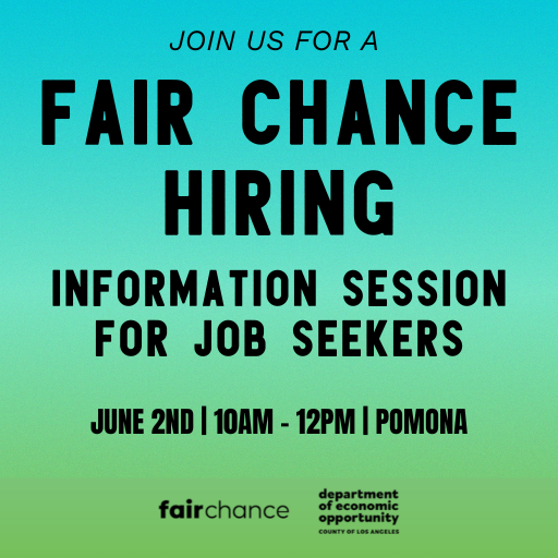 LACFairChance's tweet photo. ATTN JOBSEEKERS: Kickstart your career by checking out our #FAIRCHANCE employment info session on June 2nd at @MCScalifornia. Hear from @ROOTandREBOUND &amp; learn about opportunities from @LACountyDHR, @LosAngelesHTA, and Worker Edu &amp; Resource Ctr.

REGISTER: https://t.co/mfQD2HQrr0 https://t.co/qUYmTVN8HB