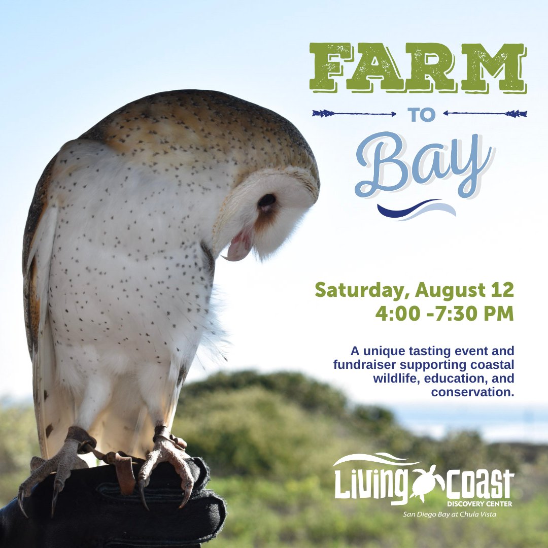 Save the date for #FarmtoBay2023! 📅

Join us on Saturday, August 12, from 4:00 - 7:30 PM for a unique food &amp; wine-tasting event and fundraiser supporting coastal wildlife, education, and conservation!

Stay tuned for more info and learn more at thelivingcoast.org/FTB2023
