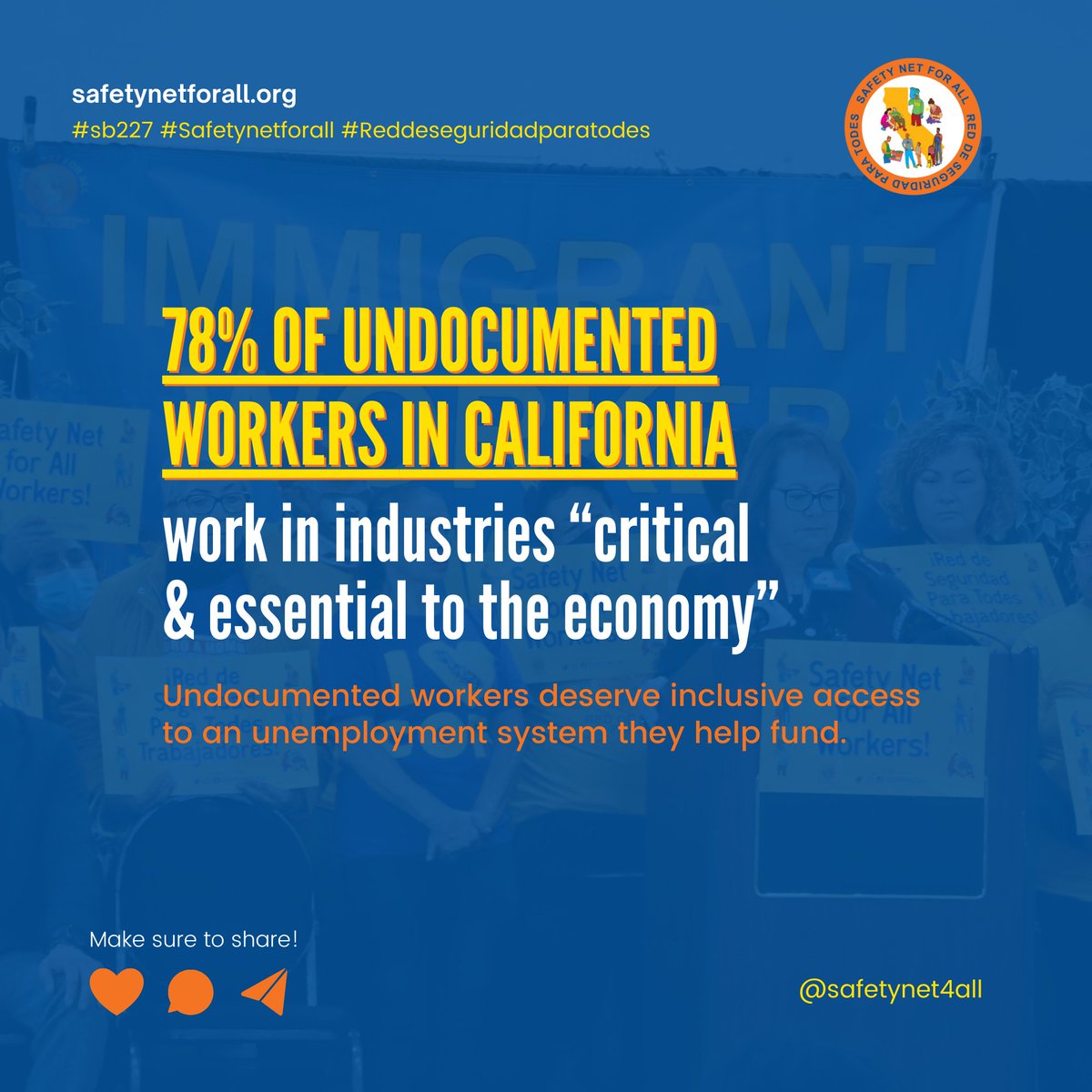 Everyone deserves a #SafetyNet regardless of immigration status. We need undocumented workers to access unemployment benefits during times of job loss! Senate, we call on you to pass #SB227! #SafetyNetforAll