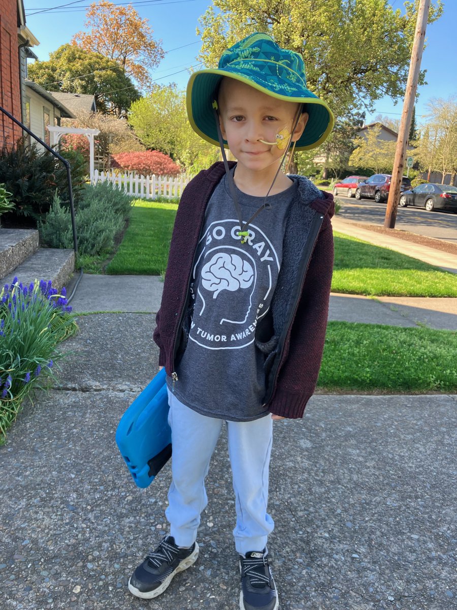 When he was 6, Connor was diagnosed with medulloblastoma. Now 7, Connor sports his #GoGrayInMay shirt to raise awareness about pediatric brain tumors. Proceeds will be used to purchase chemo/port access shirts and direct-to-family items: spr.ly/6019Os80z