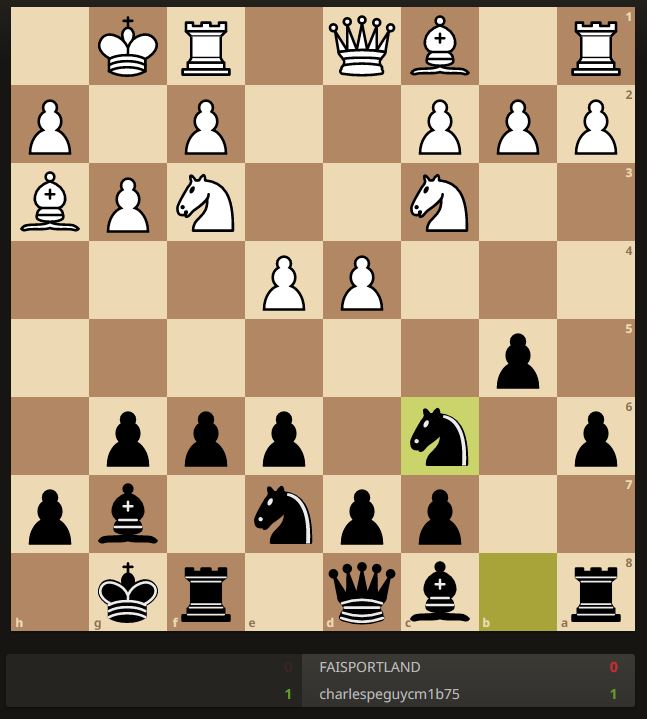 Bonjour <a href="/CM1B_Peguy/">Les CM1 B de Péguy📝</a>
Nous déplaçons notre cavalier de b8 à c6. #Partie #QuotiChess <a href="/QuotiChess/">QuotiChess 🐘</a>