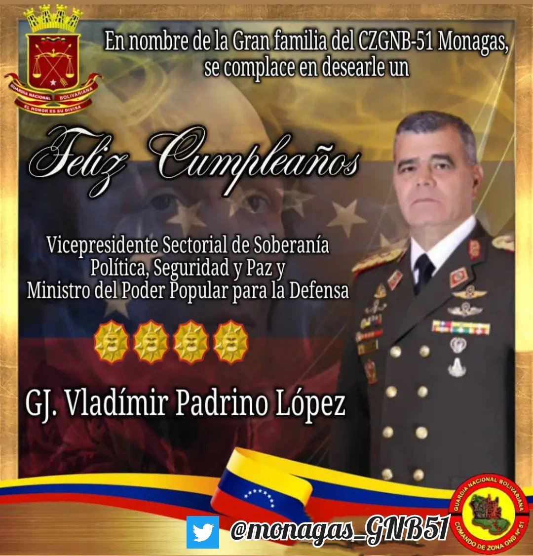 monagas_GNB51's tweet photo. Hoy #30May La gran familia del @monagas_GNB51 nos complacemos en felicitar por su  Cumpleaños a nuestro GJ @vladimirpadrino, Soldado fiel de la Patria. https://t.co/2LzTxLCAnl