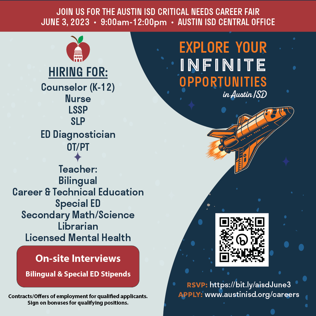 Austin ISD Office of Talent Strategy (@weareaisd) on Twitter photo Don't miss out on the incredible opportunity to explore critical needs careers at the Austin ISD Critical Needs Career Fair on June 3! 🎉🚀
📅 Save the date, and spread the word🤝 See you there! ✨
RSPV: bit.ly/aisdJune3
<a href="/BHosack23/">Brandi Hosack</a> <a href="/Matias_AISD/">Matias Segura</a> Don't miss out on the incredible opportunity to explore critical needs careers at the Austin ISD Critical Needs Career Fair on June 3! 🎉🚀
📅 Save the date, and spread the word🤝 See you there! ✨
RSPV: bit.ly/aisdJune3
<a href="/BHosack23/">Brandi Hosack</a> <a href="/Matias_AISD/">Matias Segura</a>