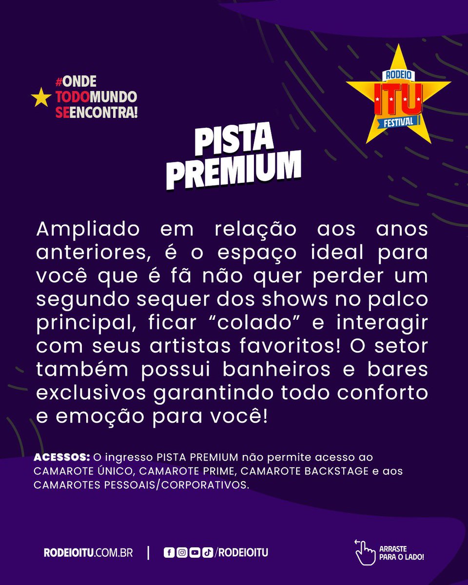 rodeioitu's tweet photo. Pra você ficar pertinho do palco e COLADO NOS ARTISTAS! 🎤🎶

A Pista Premium é o espaço ideal para você que é fã e não quer perder um segundo sequer dos shows no palco principal e ficar ao lado dos seus artistas favoritos! https://t.co/z77LZJdIfe