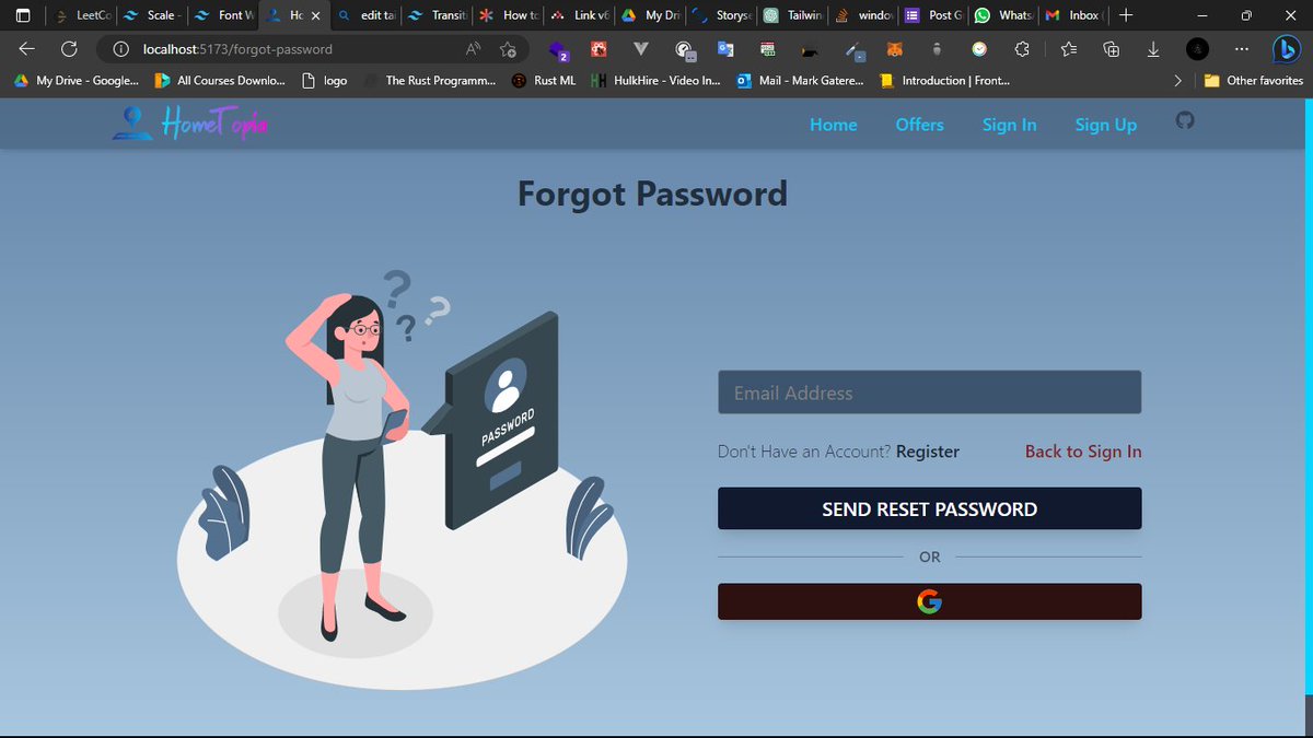 Sign Up, Sign In and Forgot Password Sections Done... 'Yet to connect with Firebase'

Illustrations from #StorySet - storyset.com

#100DaysOfCode 
#100daysofcodechallenge 
#reactjs
#tailwindcss