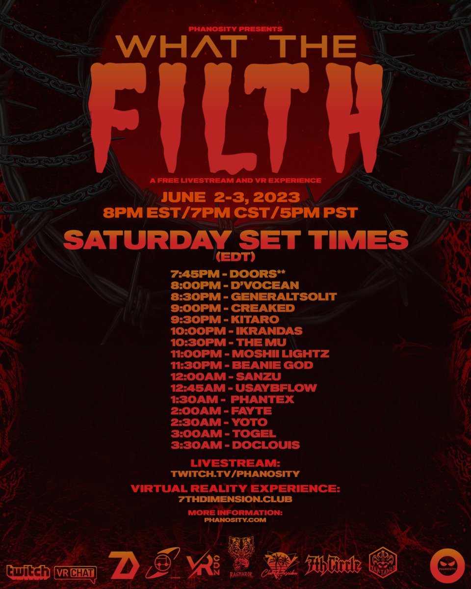 Phanosity (@phanosity) on Twitter photo <a href="/7thDimensionVR/">7th Dimension</a> <a href="/7thCircleLLC/">7th Circle</a> <a href="/LyokoVR/">LYOKO</a> <a href="/TartarusVRC/">Tartarus</a> <a href="/ClubPoseidonvr/">Club Poseidon</a> <a href="/vrcdn/">VRCDN</a> <a href="/ragnarokfest/">Ragnarok</a> <a href="/Twitch/">Twitch</a> <a href="/VRChat/">VRChat</a> THIS FRIDAY AND SATURDAY, DON'T MISS OUR TWO-NIGHT BASS MUSIC EVENT OF 'WHAT THE FILTH', FEATURING A FREE LIVESTREAM AND VR EXPERIENCE! FOLLOWING SET TIMES BELOW!
===
STREAM: twitch.tv/phanosity
VRCHAT EXPERIENCE: 7thdimension.club
MORE INFO: phanosity.com <a href="/7thDimensionVR/">7th Dimension</a> <a href="/7thCircleLLC/">7th Circle</a> <a href="/LyokoVR/">LYOKO</a> <a href="/TartarusVRC/">Tartarus</a> <a href="/ClubPoseidonvr/">Club Poseidon</a> <a href="/vrcdn/">VRCDN</a> <a href="/ragnarokfest/">Ragnarok</a> <a href="/Twitch/">Twitch</a> <a href="/VRChat/">VRChat</a> THIS FRIDAY AND SATURDAY, DON'T MISS OUR TWO-NIGHT BASS MUSIC EVENT OF 'WHAT THE FILTH', FEATURING A FREE LIVESTREAM AND VR EXPERIENCE! FOLLOWING SET TIMES BELOW!
===
STREAM: twitch.tv/phanosity
VRCHAT EXPERIENCE: 7thdimension.club
MORE INFO: phanosity.com
