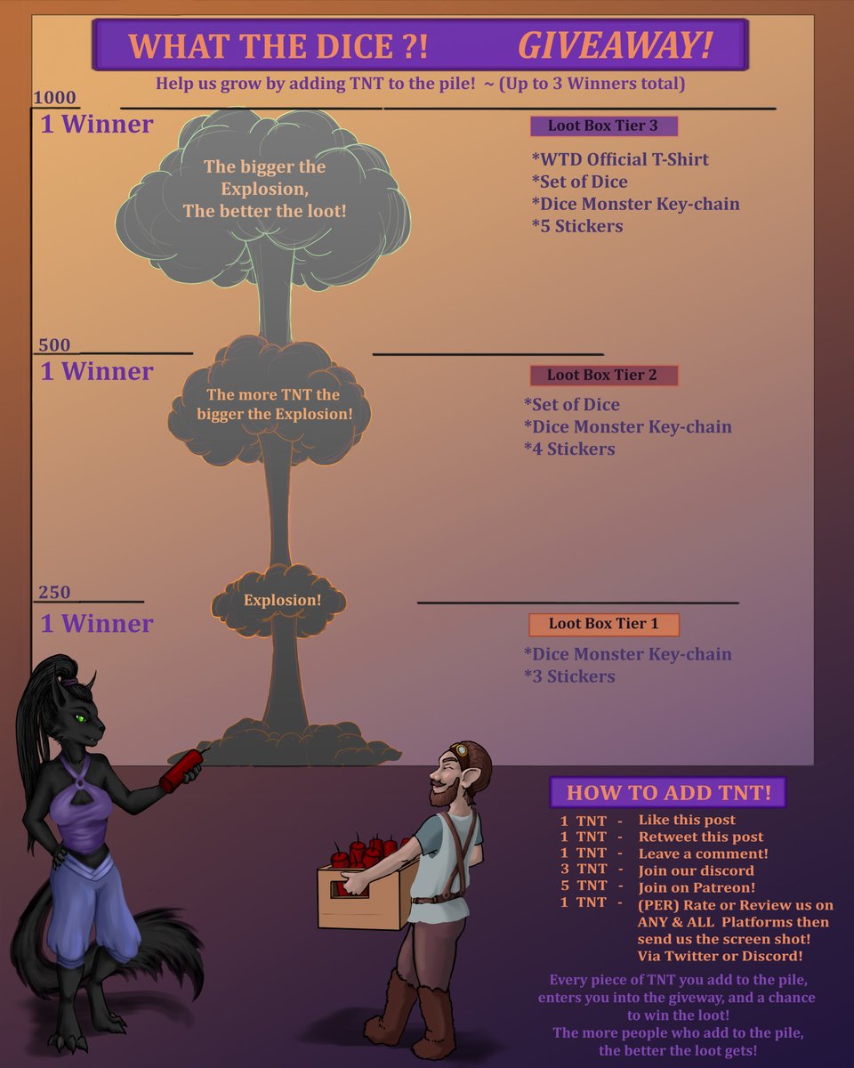 Help Defibulous &amp; Kilila make a big BOOM!

How to get TNT:
*every like/retweet/comment +1 TNT
*Join our Discord +3 TNT
(discord.gg/8yZJjcxwS8)
*Join our Patreon +5 TNT
(patreon.com/whatthedice_po…)
*every rate/review with pic +1 TNT per site

July 1 we'll announce the winner(s)!