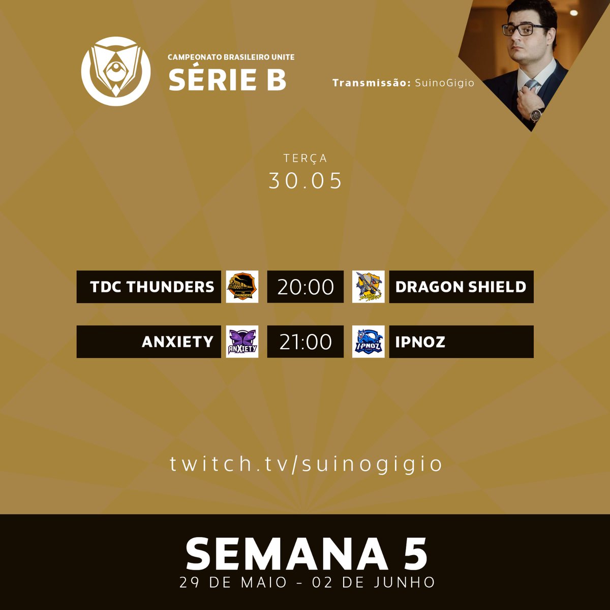 💛 TERÇOU COM CBU!

Abrimos as transmissões da 5ª semana! A nova rodada traz novos embates, e novas chances de subir na #CBU2023. Confira!  

⚔️ TDC Thunders x Dragon Shield
⏰ 20h00 

⚔️ Anxiety x Ipnoz
⏰ 21h00

📺 twitch.tv/suinogigio