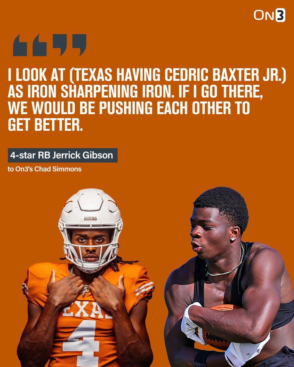 On3 Recruits (@On3Recruits) on Twitter photo 2023-05-30 22:42:50 Elite RB Jerrick Gibson is excited by the idea of potentially teaming up with 2023 5-star RB Cedric Baxter Jr. at Texas🤘 More from @ChadSimmons_ (On3+): on3.com/news/jerrick-g… Elite RB Jerrick Gibson is excited by the idea of potentially teaming up with 2023 5-star RB Cedric Baxter Jr. at Texas🤘 More from @ChadSimmons_ (On3+): on3.com/news/jerrick-g…