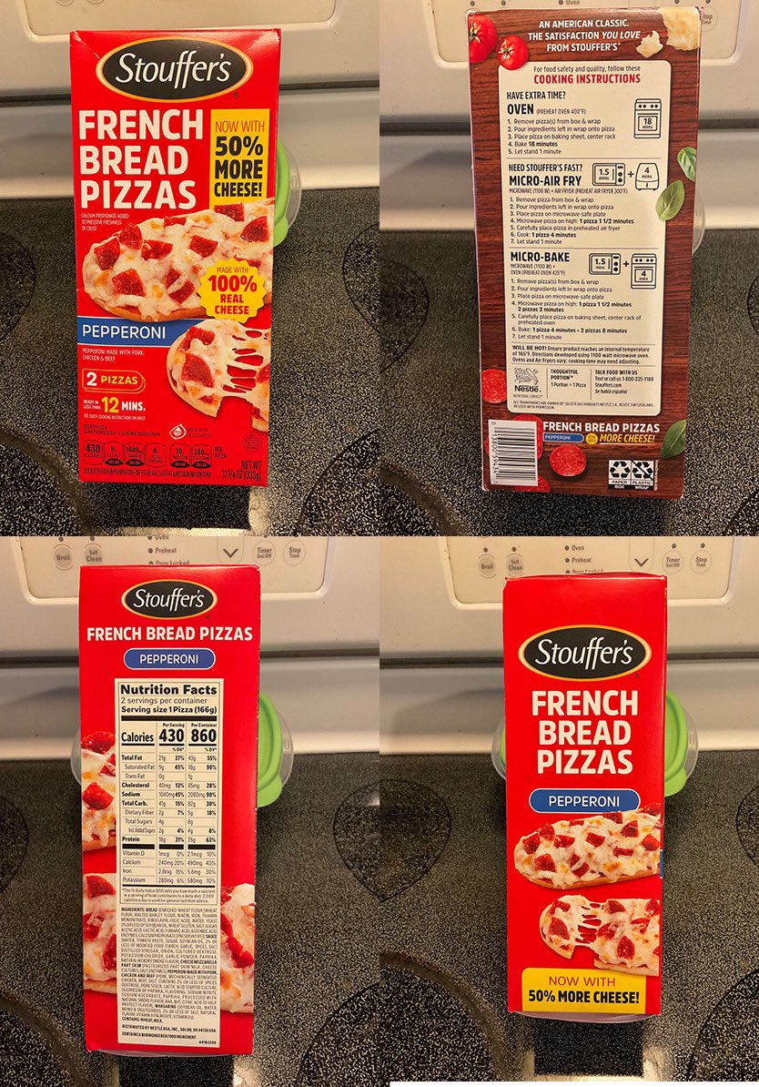 gordondowns's tweet image. Update on the @stouffers Frozen French Bread Pizza packaging. It has been altered, perhaps in an effort to reduce @stouffers carbon footprint. #pizza #frozenpizza #frenchbread