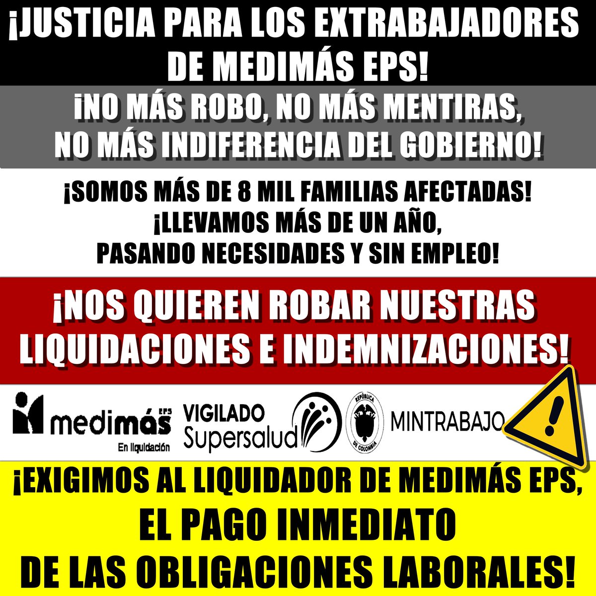 DMedimas's tweet photo. Extrabajadores de @MedimasEPS  en Liquidación alzamos nuestra voz en busca de #JusticiaLaboral! Han pasado más de un año de evasivas y engaños. Es hora de que nuestros derechos sean respetados. Exigimos una solución inmediata y definitiva!! #LiquidadorMedimasPague @MintrabajoCol https://t.co/FVY2W0PuCu