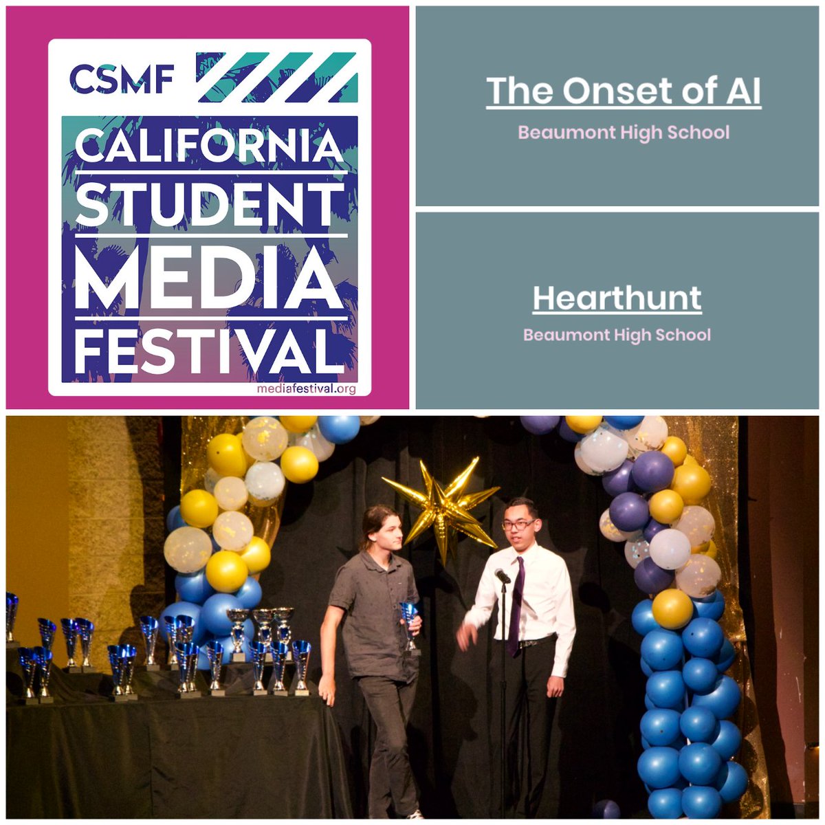 🤩Christopher Morant & Eli Humphries from @GoBHSCougars won a special award for both of their artificial intelligence (AI) films, 'Hearthunt' & 'The Onset of AI,' at the California Student Media Festival! They won at the #BeaumontUSD Film Festival🎬earlier this year! #GoFirst 💙