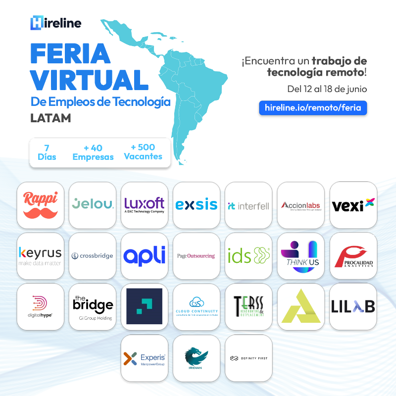 hirelineio's tweet photo. 📣 ¡Atención LATAM! Encuentra un  empleo REMOTO en la Feria Virtual de Empleos de TI.

🌎 Evento virtual con +500 vacantes de tecnología y +40 empresas, dentro y fuera de LATAM, reclutando talento tech.

📆 Te esperamos del 12 al 18 de junio.

Regístrate desde hoy dando clic. 👇🏽