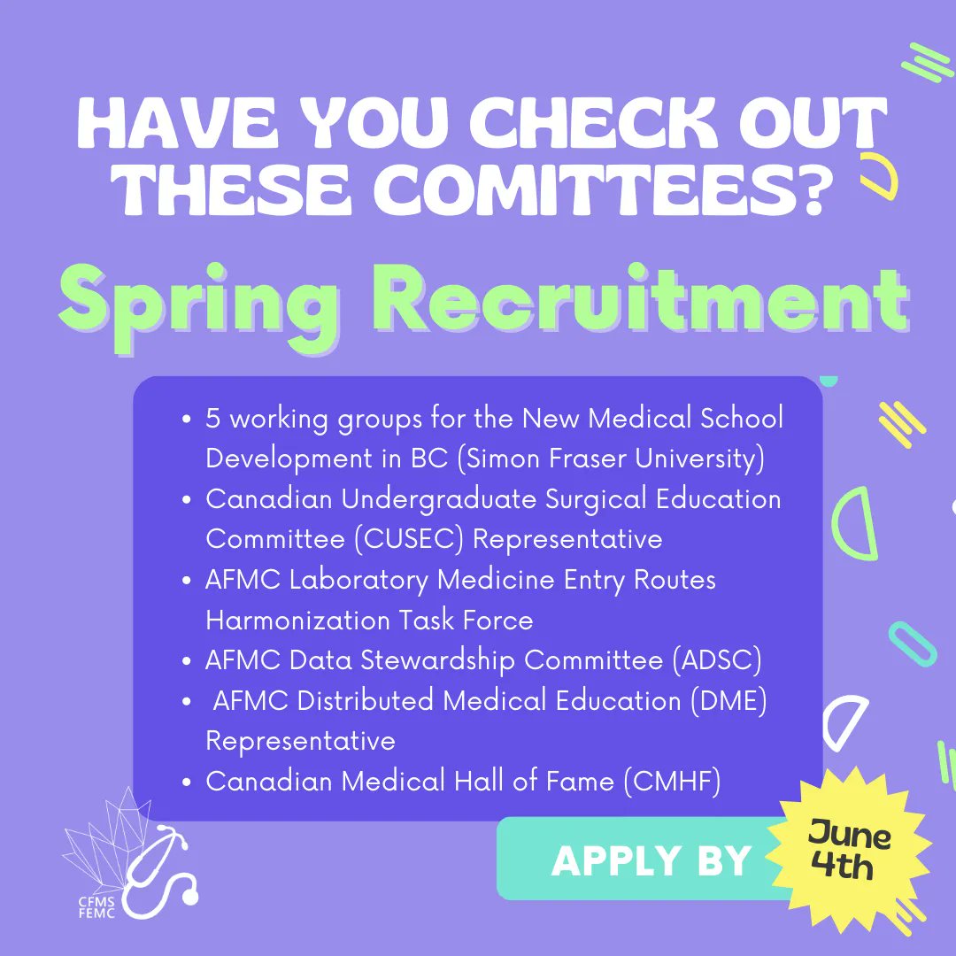 Other than internal positions, we highly encourage you to look at these joining these external committees in the CFMS Recruitement. Application closes on June 4th. If you need an extension up to 48 hours, contact us! 🔗 bit.ly/SpringRecruitm…