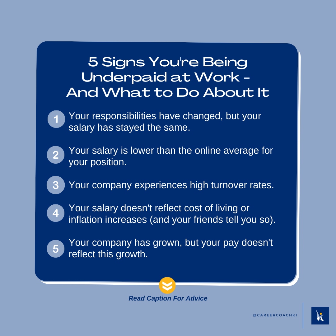 Recognizing these signs may indicate you're being underpaid at work...

Know your worth and trust that your skills and hard work deserve fair recognition. 

#fairpay #tuesdaytip #careeradvice