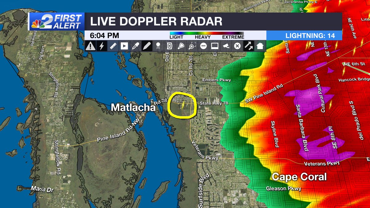 Lightning potentially sparked a brush fire near Matlacha just after 6 pm.  The fire is near Burnt Store Rd and Pine Island Rd. The NBC2 First Alert LIVE Doppler Radar shows a lightning strike at the time and place the fire started. Count on @NBC2 to keep you updated.