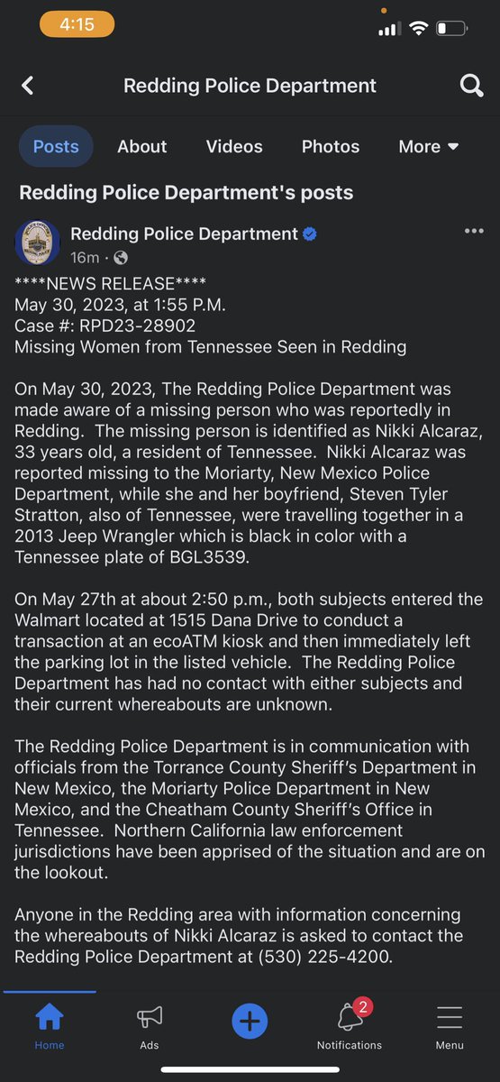 Update from Redding Police Department today states that Nikki and Tyler are still traveling in the Jeep. 

#NikkiAlcaraz