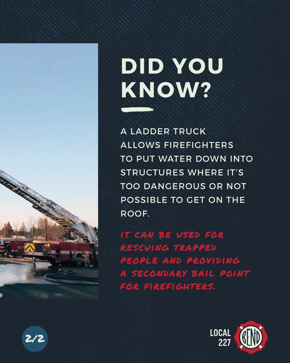 bendfirefighter's tweet photo. A small city doesn’t need a ladder truck, right? You bet your bottom rung it does! A ladder truck allows firefighters to put water down into structures where it’s too dangerous or not possible to get on the roof. While a building may only be 3 stories tall, ladders can’t necessar https://t.co/WP753byVLD