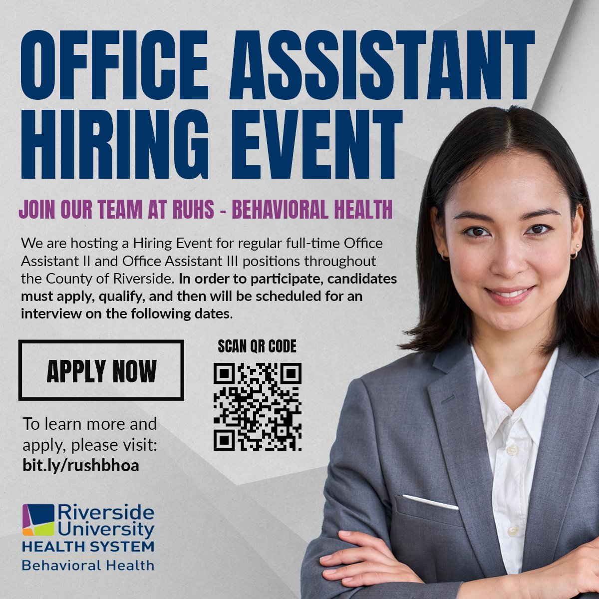 Come Join the RUHS Team! We are hosting a hiring event for Office Assistant positions throughout the County of Riverside. Learn mor