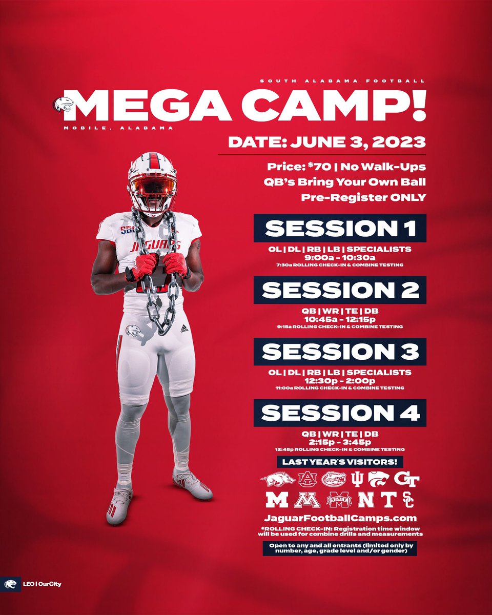 🚨 MEGA CAMP 🚨

Join us this weekend for Mega Camp in #OurCity‼️

Register at: JaguarFootballCamps.com

#LEO