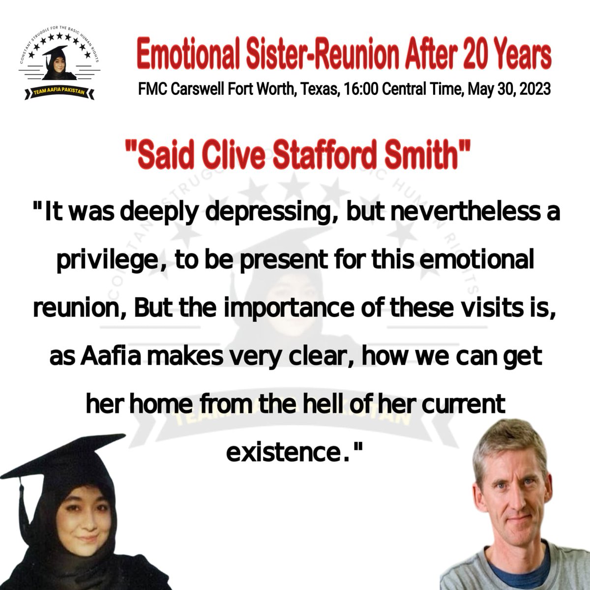 Javeria27175530's tweet photo. “It was deeply depressing, but nevertheless a privilege,to be present for this emotional reunion, But the importance of these visit is, as Aafia makes very clear,how we can get her home from the hell of her current existence.”
@CliveSSmith 
@Teamaafia1
#LetFowziaBringAafiaHome 
1 https://t.co/jiukbtBX9r