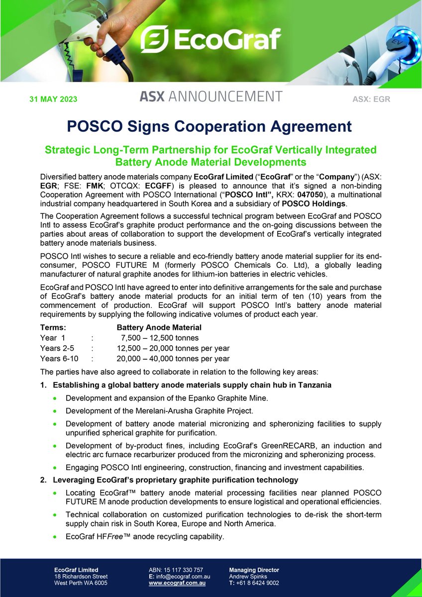 EcoGraf's tweet image. POSCO Signs Cooperation Agreement. Strategic Long-Term Partnership for EcoGraf Vertically Integrated Battery Anode Material Developments. 
Read More &amp;gt; lnkd.in/g6BCzdgY

ASX: #EGR FSE: #FMK OTCQX: #ECGFF
Extract. Upgrade. Recycle.

#Graphite #LiBattery #SupplyChain #HFfree