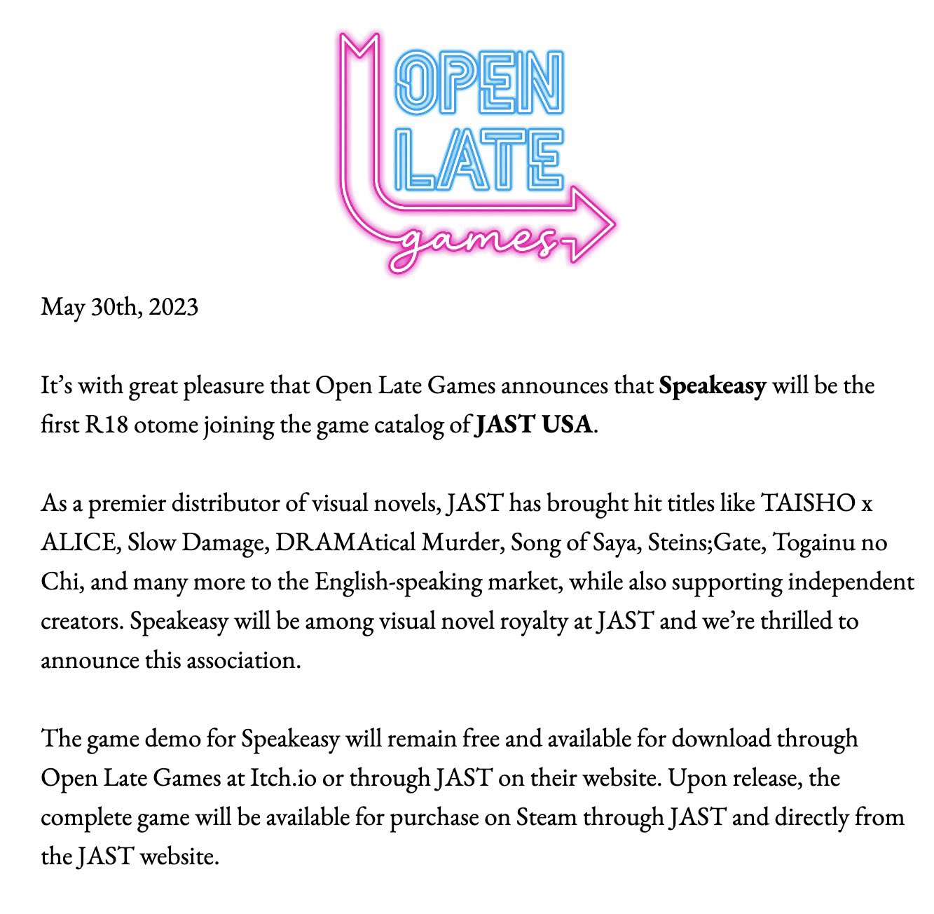 Open Late Games on X: Here at Open Late Games we have very exciting news  to share. Both the Speakeasy demo and full game will be distributed by  @jastusa. We are thrilled