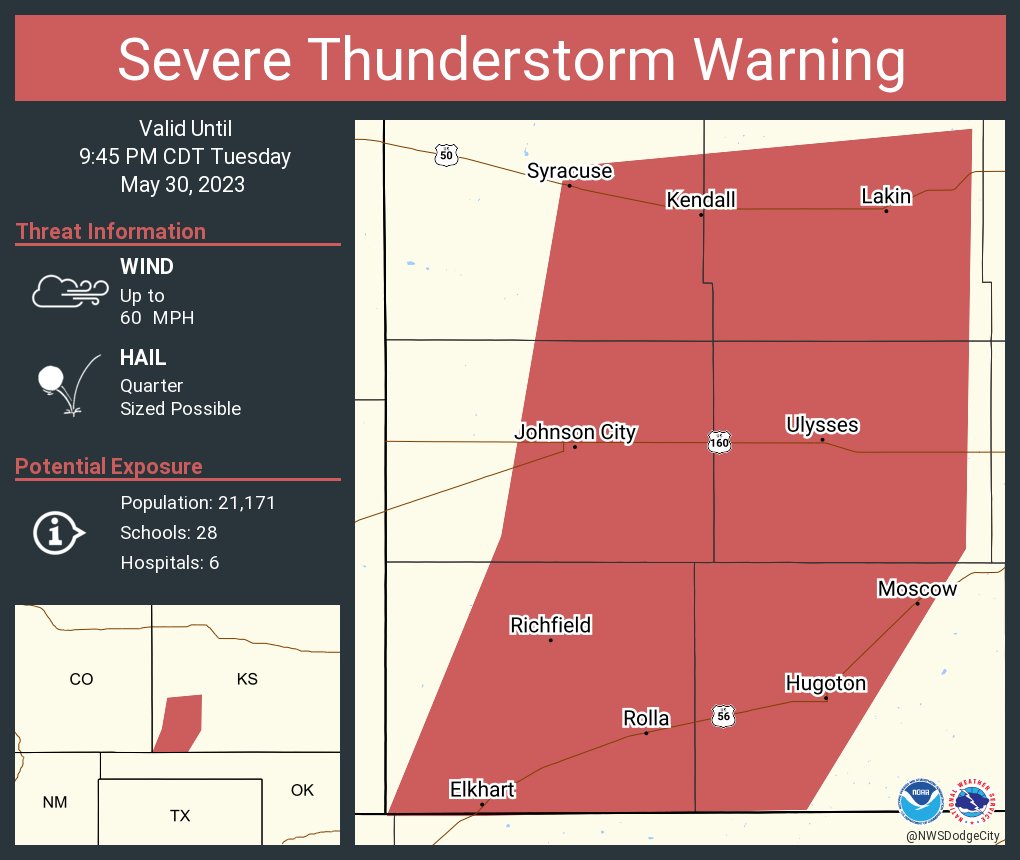 NWS Dodge City on Twitter "Severe Thunderstorm Warning including Ulysses KS, Hugoton KS and
