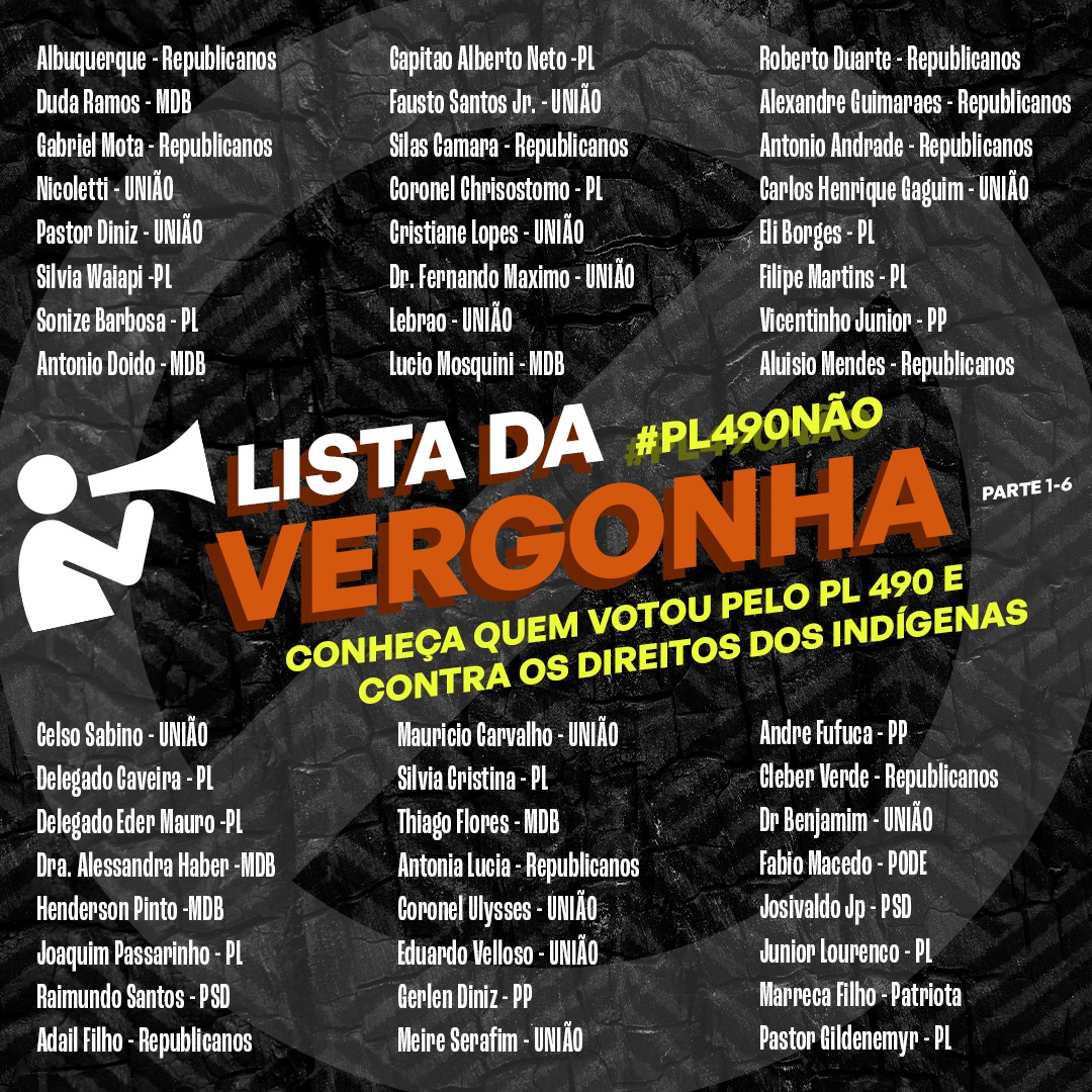 fridaysfuturebr's tweet photo. 🚨🚨🚨GRAVE: LISTA DA VERGONHA - 🕶 Confira a lista dos deputados e deputadas que votaram CONTRA os direitos indígenas hoje na Câmara ⛔️⛔️ #PL490 https://t.co/kptWsQFQWT