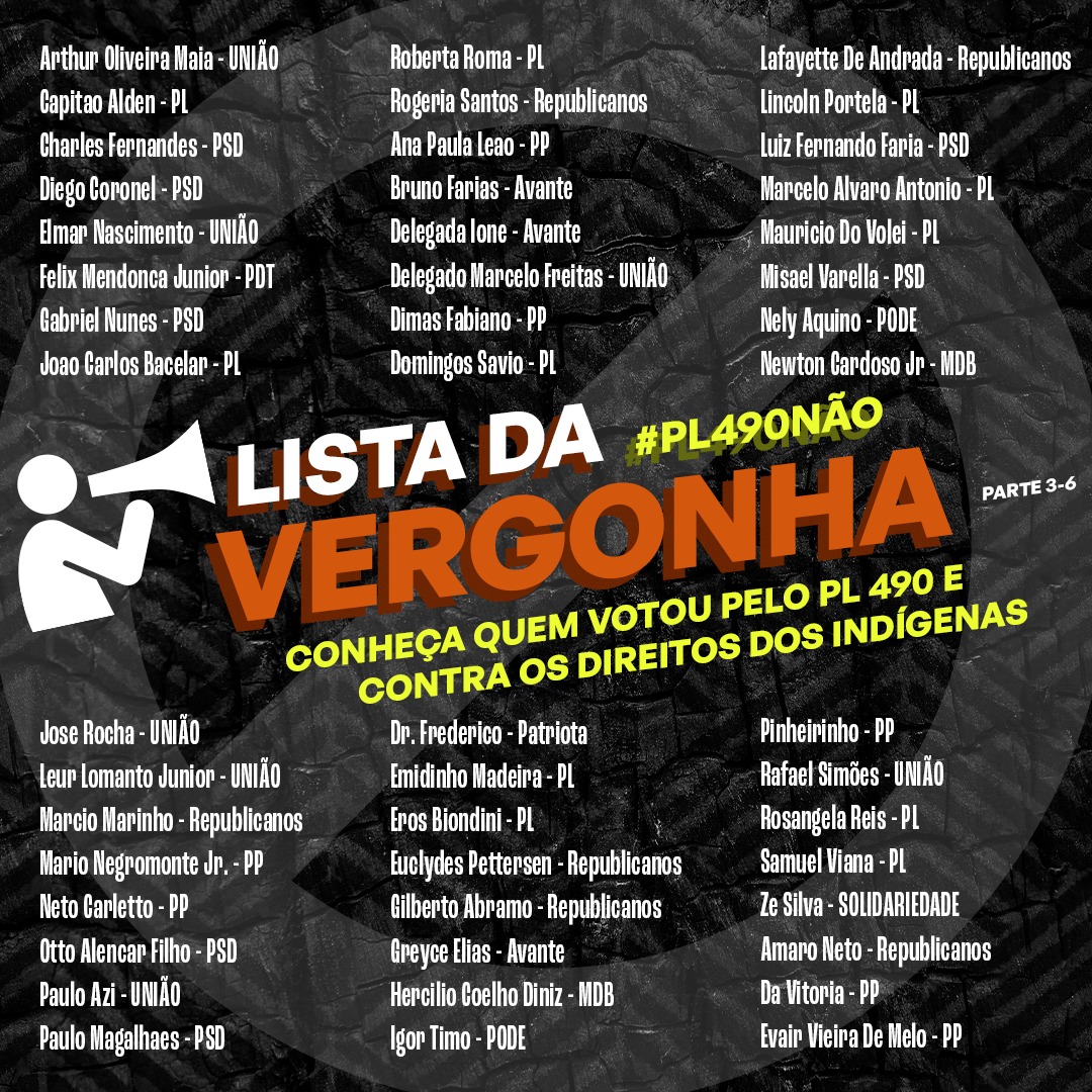 fridaysfuturebr's tweet photo. 🚨🚨🚨GRAVE: LISTA DA VERGONHA - 🕶 Confira a lista dos deputados e deputadas que votaram CONTRA os direitos indígenas hoje na Câmara ⛔️⛔️ #PL490 https://t.co/kptWsQFQWT