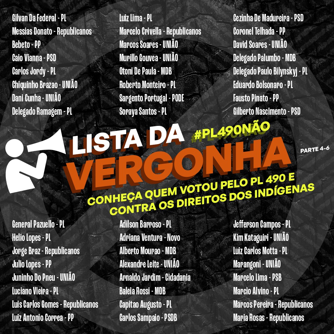 fridaysfuturebr's tweet photo. 🚨🚨🚨GRAVE: LISTA DA VERGONHA - 🕶 Confira a lista dos deputados e deputadas que votaram CONTRA os direitos indígenas hoje na Câmara ⛔️⛔️ #PL490 https://t.co/kptWsQFQWT