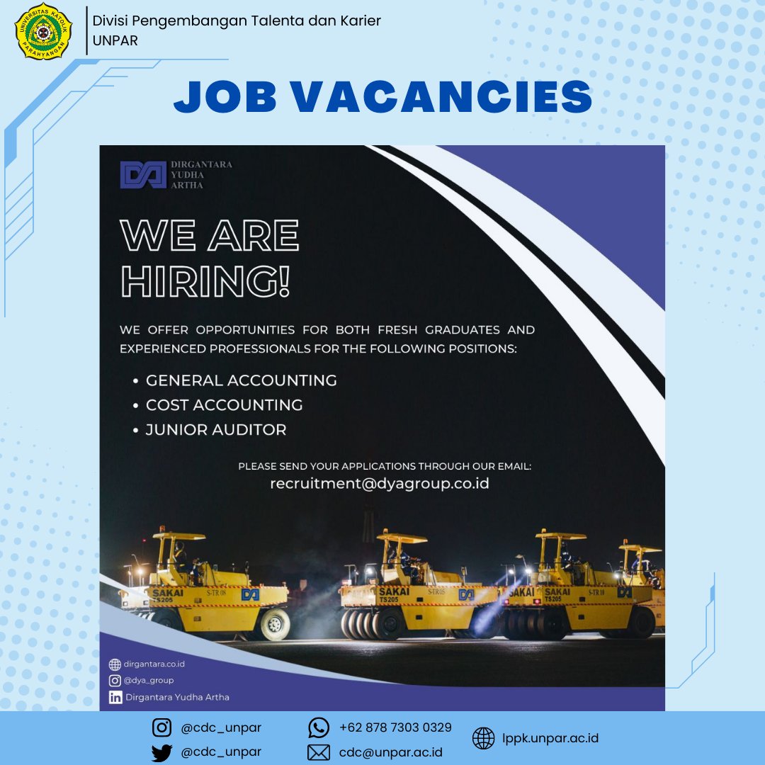 Hi Unparian!

PT Dirgantara Yudha Artha is now hiring!

Teman-teman fresh graduate atau yang sudah berpengalaman boleh segera kirimkan CV terbaik kalian melalui email :

recruitment@dyagroup.co.id

Don't miss it!

#UNPAR #lowongankerja #loker #loker2023 #PTDirgantaraYudhaArtha