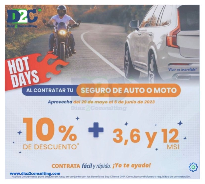 diaz2consulting's tweet photo. ¡HOT DAY! aprovecha y date la tranquilidad y seguridad que necesitas al asegurar tu AUTO o tu MOTO...
#D2CEnTuAuto #auto #moto #hotday #aprovecha #descuentos #seguro #seguridad #tranquilidad https://t.co/vki7zgFJJc