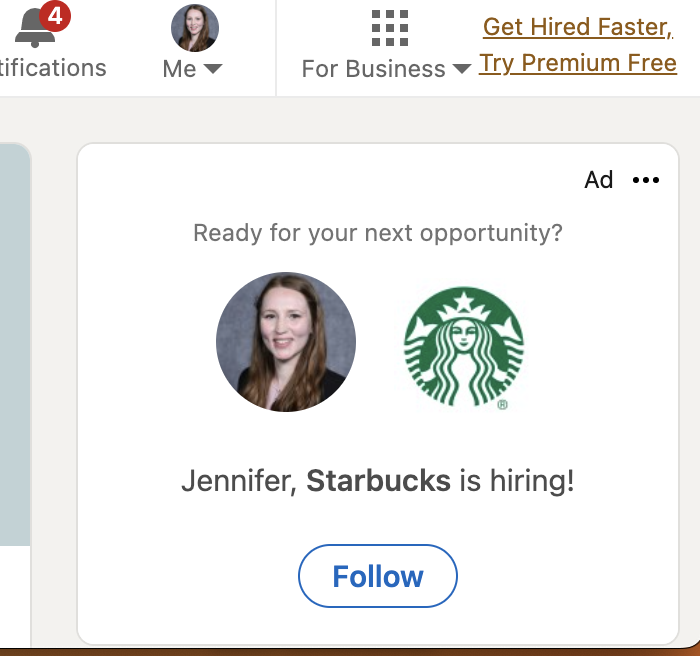 Out here following researchers whose work I want to keep up with after #ATS2023 & LinkedIn has the audacity to serve up the following ad...

#sciencetwitter pls hire me after my 2024 PhD defense - I always write the correct names on cryovials so would be a poor fit as a barista