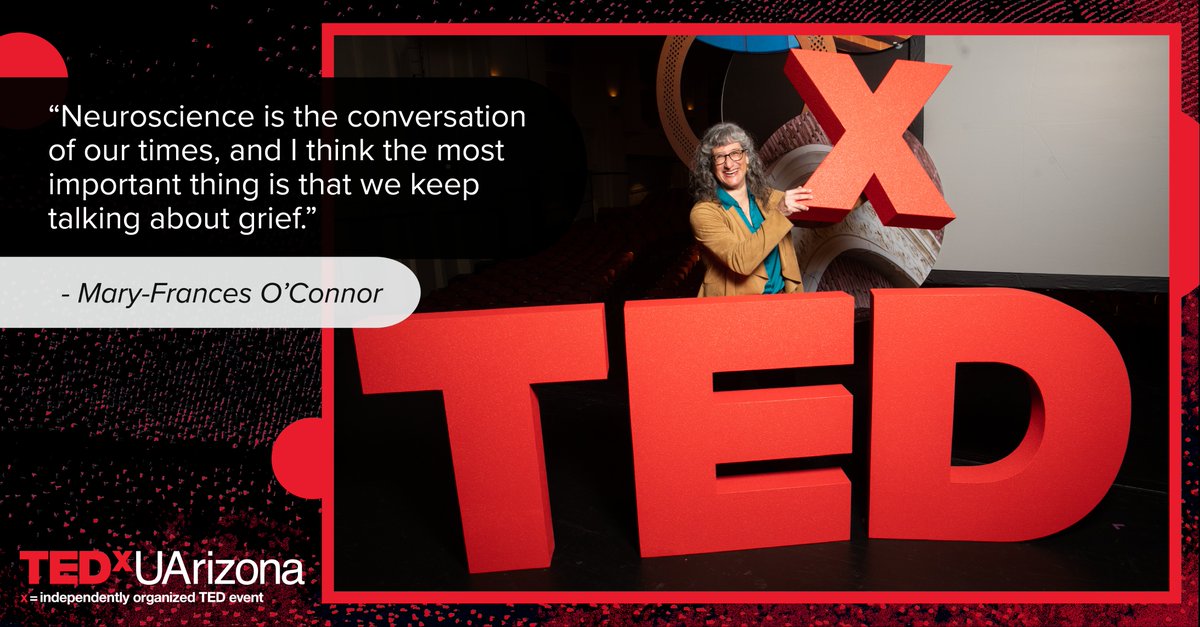 uarizona's tweet photo. Listen to Mary-Frances O’Connor as she ponders this question: Why does it take so long to learn our loved one is really gone and what does it mean for own lives? #TEDxUArizona #TEDx #TheMessyMiddle https://t.co/xpQmwrdmgt https://t.co/V04Fd5Aqmo