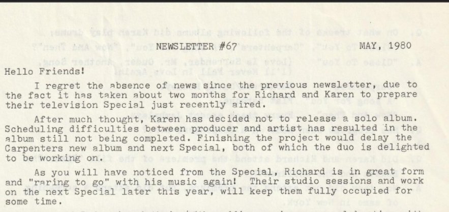 #TheCarpenters Fan Club Newsletter from this month back in 1980, where it was stated that #KarenCarpenter would not release her solo album ('scheduling difficulties between producer and artist').

And there were supposedly plans for yet another TV 📺  special in late 1980 or 1981