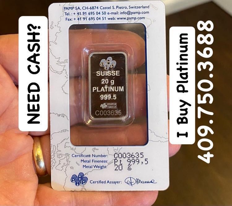 Platinum Buyer - Need Cash? Call Me First 409.750.3688 Roland Dressler #Platinum #PlatinumBuyer #PreciousMetals #RolandDressler #EstateLiquidator #EstateJewelryBuyer #Dressler #PlatinumJewelry #EstateSaleServices #WeBuyPlatinum #CashforPlatinum #Bullion #Coins #Jewelry #Gold