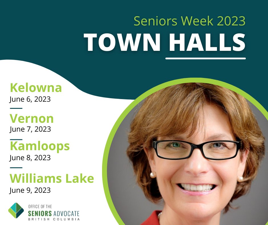 SrsAdvocateBC's tweet image. #SeniorsWeek 2023 runs June 4-10 and the Seniors Advocate will be connecting in person with seniors and their loved ones, organizations and local governments throughout B.C. Join her at a public town hall meeting in your community. Find out more - ow.ly/Z1qm50OAh9k