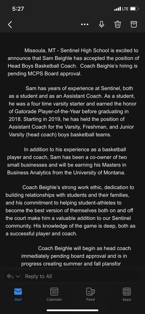 Pretty cool news

Sentinel has hired alum <a href="/sambeighle3/">Sam Beighle</a> to be their next varsity Head Coach. Sam led the JV team last year and was GPOY for Spartans when he played #mtscores