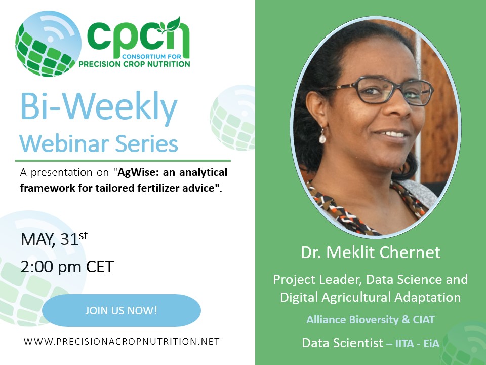 African Plant Nutrition Institute (@plantafrican) on Twitter photo 📅 Join us tomorrow at 2:00 CET: bit.ly/40W9m2G
Dr. Meklit Chernet, Project Leader, Data Science and Digital Agricultural Adaptation at <a href="/BiovIntCIAT_eng/">Alliance of Bioversity International and CIAT</a> is this week's speaker at #CPCN bi-weekly seminar! 📅 Join us tomorrow at 2:00 CET: bit.ly/40W9m2G
Dr. Meklit Chernet, Project Leader, Data Science and Digital Agricultural Adaptation at <a href="/BiovIntCIAT_eng/">Alliance of Bioversity International and CIAT</a> is this week's speaker at #CPCN bi-weekly seminar!