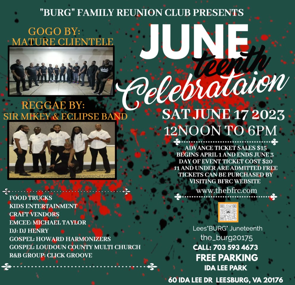 The “BURG” Family Reunion Club is pleased to announce its third annual Juneteenth Celebration, which will take place on Saturday, June 17 at Ida Lee Park. 

The celebration kicks off at noon and will include performance groups, food trucks, craft vendors and more!