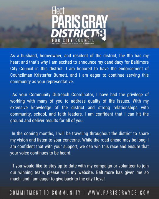 ParisgrayD8's tweet photo. It brings me absolute joy to declare my candidacy for the Baltimore city council in district 8! If you're interested in learning more about my campaign or lending a helping hand, please feel free to click on the link below.
https://t.co/8LZKXd49Ef

#GrayforD8 #2024 #Baltimore https://t.co/17TAr2Mr1C