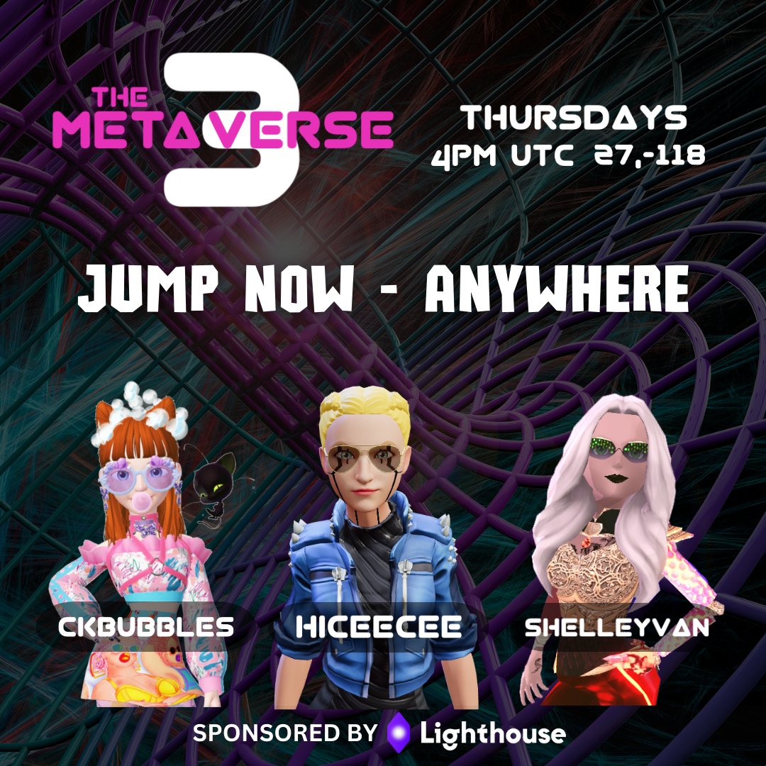 themetaverseiii's tweet photo. The Metaverse 3 Ep 24: Jump Anywhere with us through @Lighthouse_wrld!

✨Thursday at 4pm UTC/noon ET

Set Reminder: 
https://t.co/J3OPnpBkDK
Join Lighthouse: https://t.co/TCqNnopMO6

Also streaming in #Decentraland, Twitch, and Kick #TM3 #Metaverse3 https://t.co/ZIcB1EZ9Hk