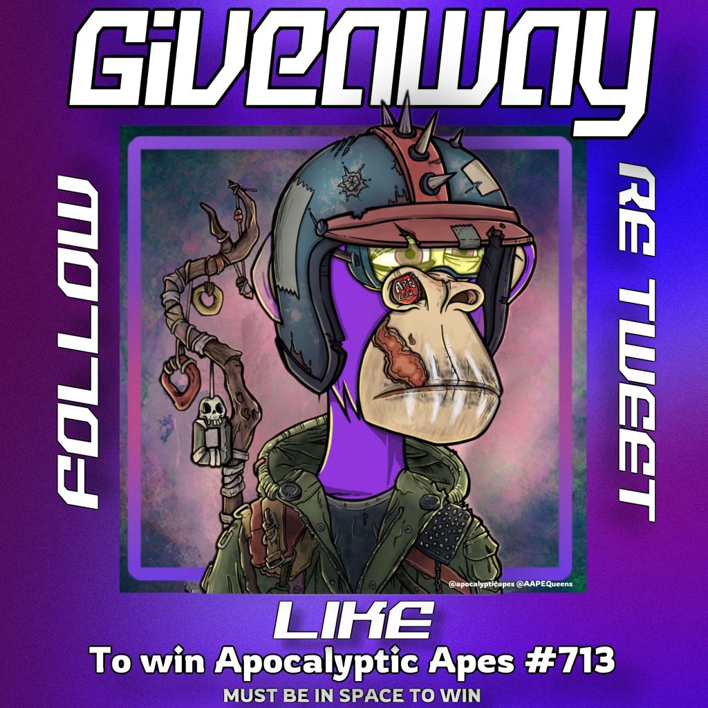 fity.eth (@fityeth) on Twitter photo 🐸GIVEAWAY ALERT🐸
Giving away this <a href="/apocalypticapes/">Apocalyptic Apes | 🦍</a>
#713
✴️How to enter✴️
➡️Follow <a href="/3orovik/">borovik</a> <a href="/apocalypticapes/">Apocalyptic Apes | 🦍</a>
➡️Like
➡️RT
➕tag a few friends! (For an extra entry) 🐸GIVEAWAY ALERT🐸
Giving away this <a href="/apocalypticapes/">Apocalyptic Apes | 🦍</a>
#713
✴️How to enter✴️
➡️Follow <a href="/3orovik/">borovik</a> <a href="/apocalypticapes/">Apocalyptic Apes | 🦍</a>
➡️Like
➡️RT
➕tag a few friends! (For an extra entry)