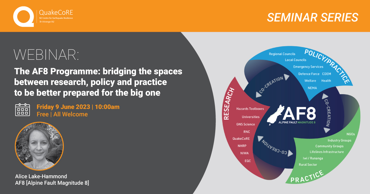 Join us online Friday (9 June) at 10am for the next #QCSeminarSeries: 

The AF8 Programme: bridging the spaces between research, policy &amp; practice to be better prepared for the big one

Presenter: Alice Lake-Hammond, <a href="/AlpineFault8/">AF8</a>

Info &amp; Abstract here: buff.ly/3MYbSkN